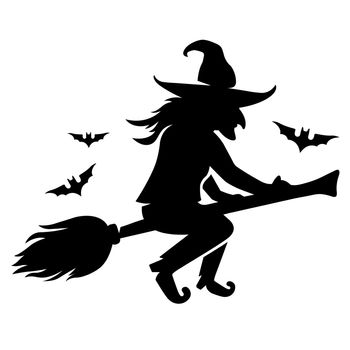 an evil witch flies on a broomstick with bats.