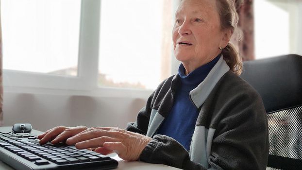 elderly woman working at home at the computer.