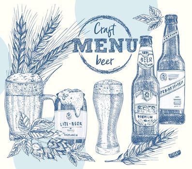 Set bottles craft organic beer, beer can, wheat ear, hop. Vintage hand drawn sketch design bar, restaurant, cafe menu Realistic engraving style Creative template for flyer, banner, poster Graphic art