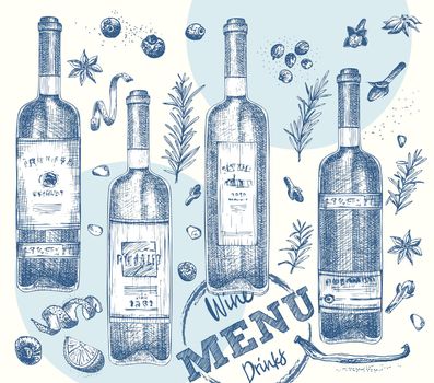 Set bottles red or white wine and christmas spices Vintage hand drawn sketch design bar, restaurant, cafe menu Realistic engraving style Creative template for flyer, banner, poster Graphic art