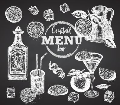 Set bottle tequila, cocktail glasses, orange, ice, citrus on black chalk board background Vintage hand drawn sketch design bar, restaurant, cafe menu, flyer, banner, poster engraving style Graphic art