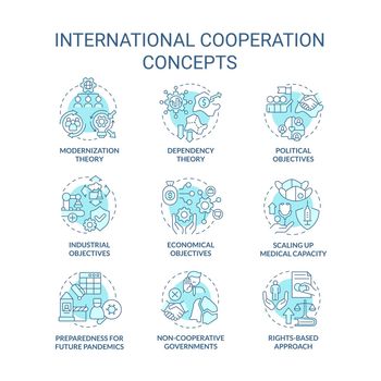International cooperation turquoise concept icons set