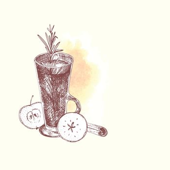 Alcoholic cocktail drink Hand drawn sketch art, watercolor background Christmas Mulled red wine, xmas spices Vintage design for bar, restaurant, cafe menu, flyer, banner, poster Engraving style