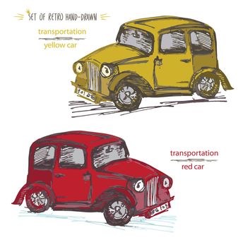 Set vintage car vector illustration. Retro Hand-drawn taxi cab in Ink brush sketch style isolated on white background.