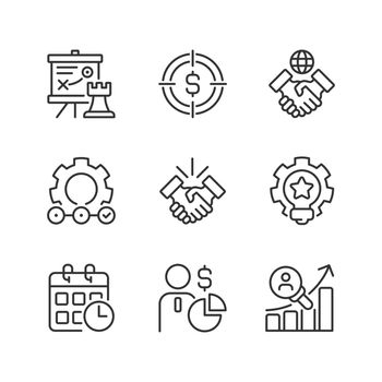 Business activities pixel perfect linear icons set