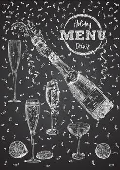 Cocktail bar menu design template set in retro style Isolated on on black chalckboard background. Hand drawn glass and bottle champagne. Vintage wine card. Alcohol beverage symbol.
