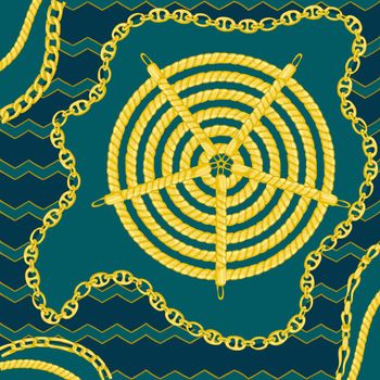 Border pattern with retro hand-drawn sketch golden chain on dark green background. Tranding drawing print for scarf or bandana.