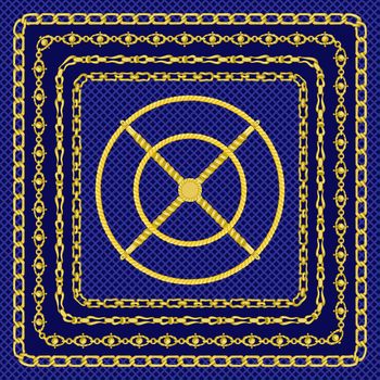 Border pattern with retro hand-drawn sketch golden chain on dark blue background. Tranding drawing print for scarf or bandana.