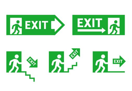 signs of direction during evacuation. emergency exit. running man to the door.