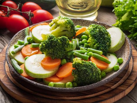 Mix of boiled vegetables, steam vegetables for dietary low-calorie diet. Broccoli