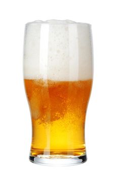 Single glass of beer close up isolated on white background
