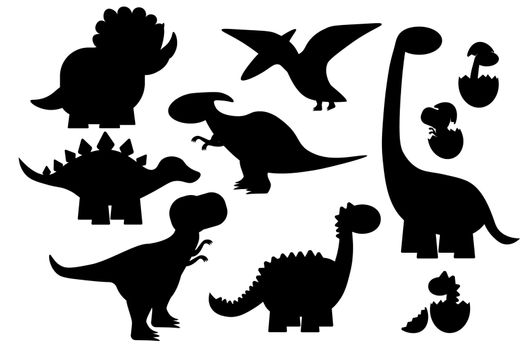 Set of black silhouettes of dinosaurs on a white background, stegosaurus, Triceratops, Tyrannosaurus, Brontosaurus, pterodactyl and others EPS