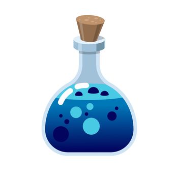 Magic bottle of glass. Alchemy love elixir in glass flask. Cork and blue potion, cartoon vector with hearts. Witchcraft pink potion of witch or poison