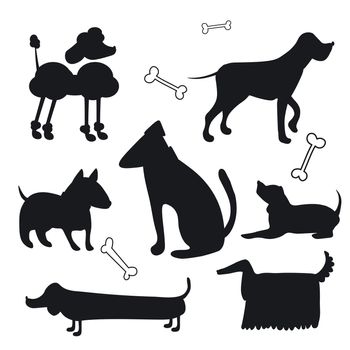 Black silhouettes of dogs on a white background. Set of vector illustrations EPS
