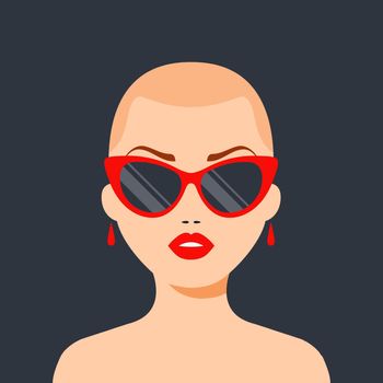 fashionable bald girl with glasses and red lips