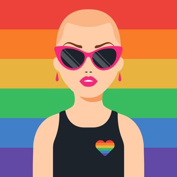Lesbian bald girl on the background of the LGBT flag. Strong woman.