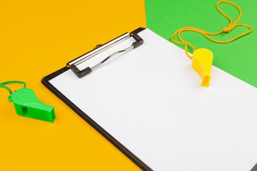 Mockup clipboard with Gym equipment dumbbell on yellow background