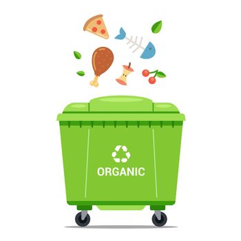 throw organic waste into a large green dustbin.