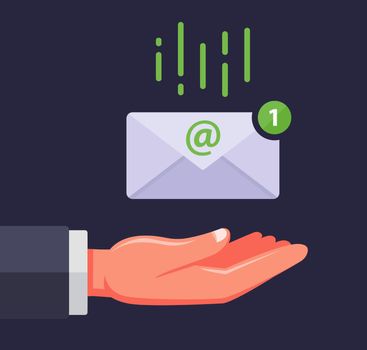 receive an email. the envelope falls into the palm of the person. important message.