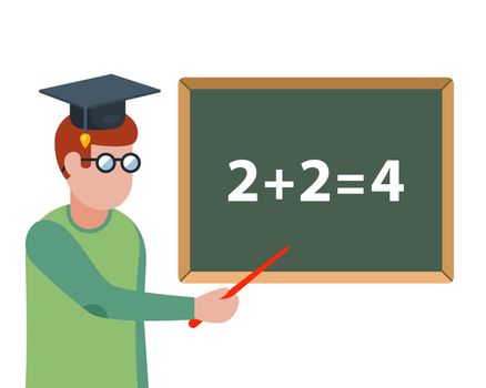 math teacher explains the task on the blackboard.