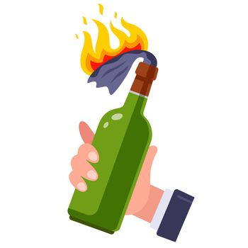 bottle of molotov cocktail in a man's hand.