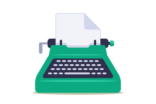 green typewriter with blank sheet of paper on white background.