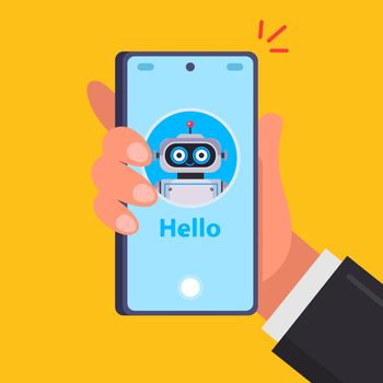 hand holds a smartphone. smiling robot on the phone screen.