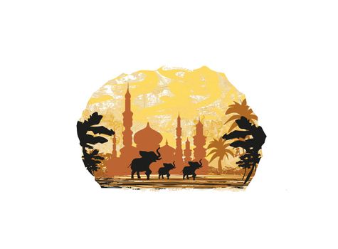 India background,elephant , building and palm trees