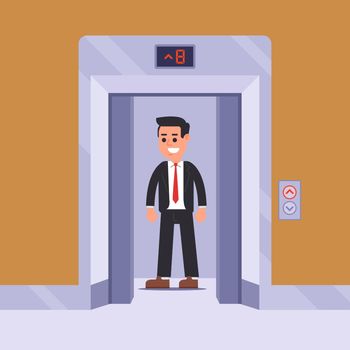 an elevator passenger rises to his floor.