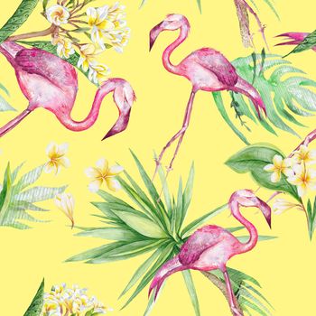 Tropical flamingo and plumeria flowers seamless pattern