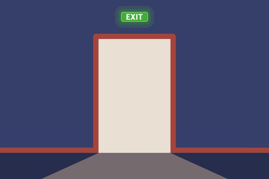 exit sign above the open door. a beam of light from a doorway.