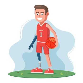 A disabled person without legs and arms uses prostheses and plays basketball.