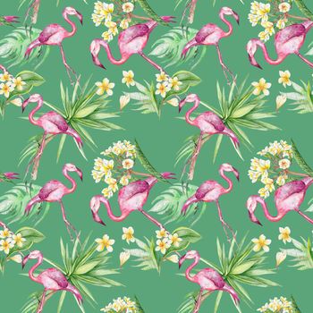 Tropical flamingo and plumeria flowers seamless pattern