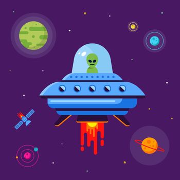 alien ship flies in space among the planets. green alien sits in a plate.