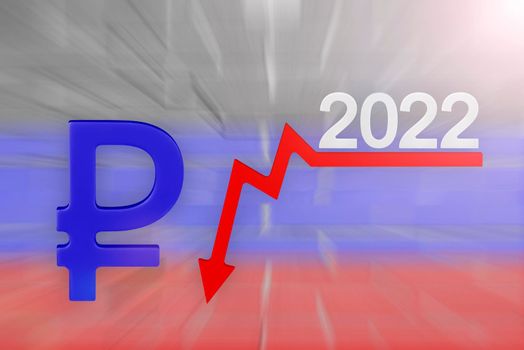 Sanctions and crisis 2022 in Russia. Company quarterly or annual reports. Economic downturn on the chart. Chart arrow pointing down against falling chart and ruble symbol