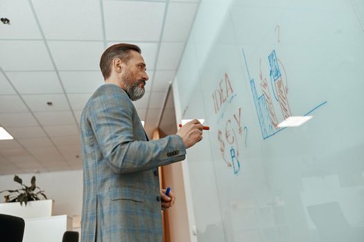 Caucasian man writing on whiteboard for his presentation