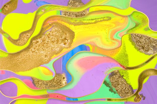 Gold dust and waves on fluorescent inks background.