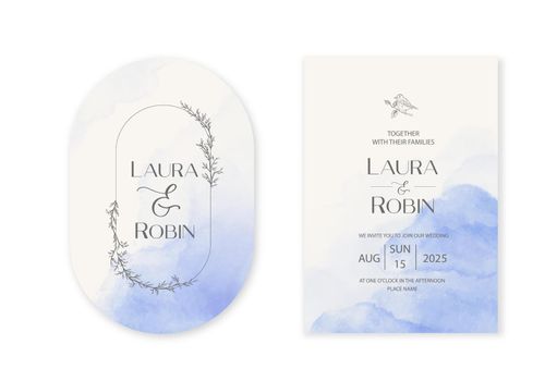 Vintage wedding invitation card template with blue watercolor stain. Double arch elegant shape.