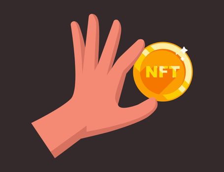a man holds a NFT gold coin in his hand.