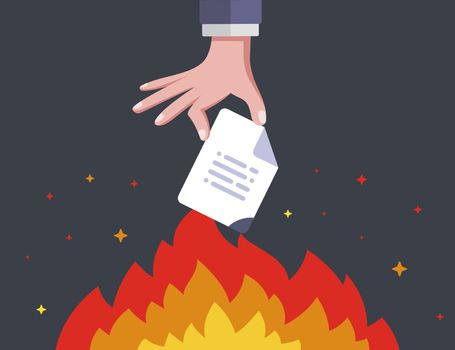 hand sets fire to an important document. destroy information forever.