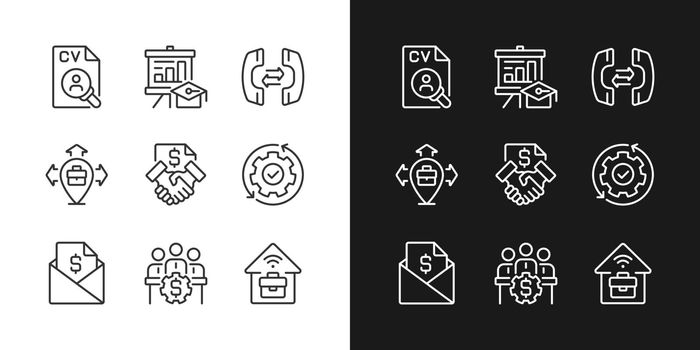 Business coordination pixel perfect linear icons set for dark, light mode