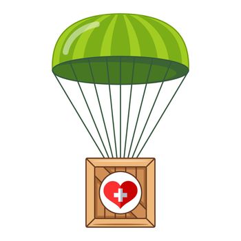 parachute with a box of humanitarian aid to the population. box flying down.