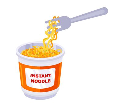 ready-made instant noodles in a plastic bowl. noodles wound on a fork.