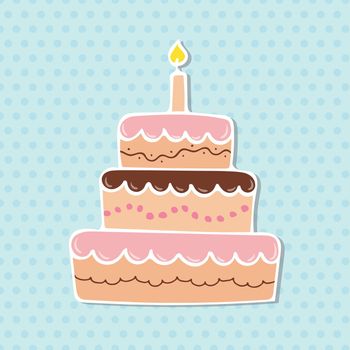 Colorful birthday cake with candle. Hand drawn outline illustration using doodle art on polka dot background