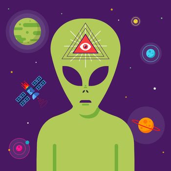 conspiracy of masons and aliens against the background of space. telepathic communication with extraterrestrial intelligence.