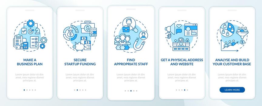 Startup launch steps blue onboarding mobile app page screen