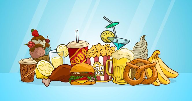 Cartoon colorful fast food and drinks