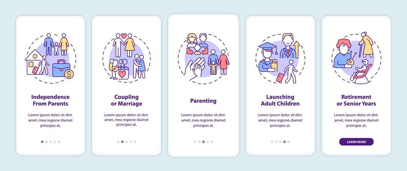 Stages of family life cycle onboarding mobile app page screen