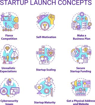 Startup launch concept icons set
