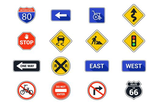 set American road signs on a white background.